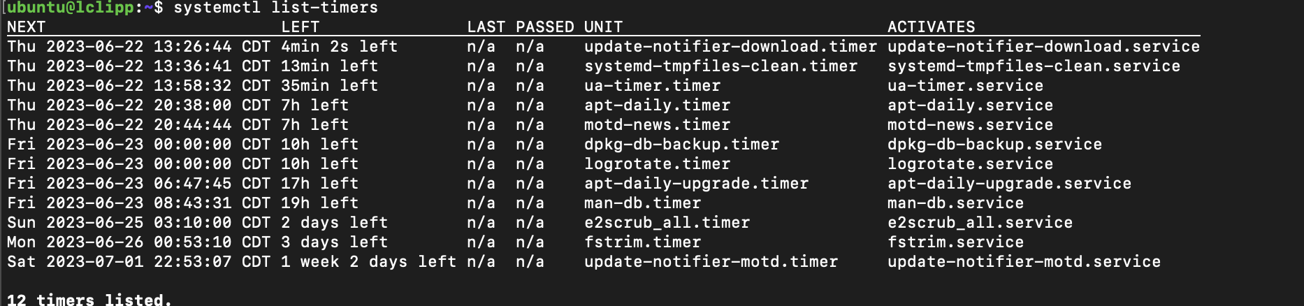 systemctl list-timers command output terminal